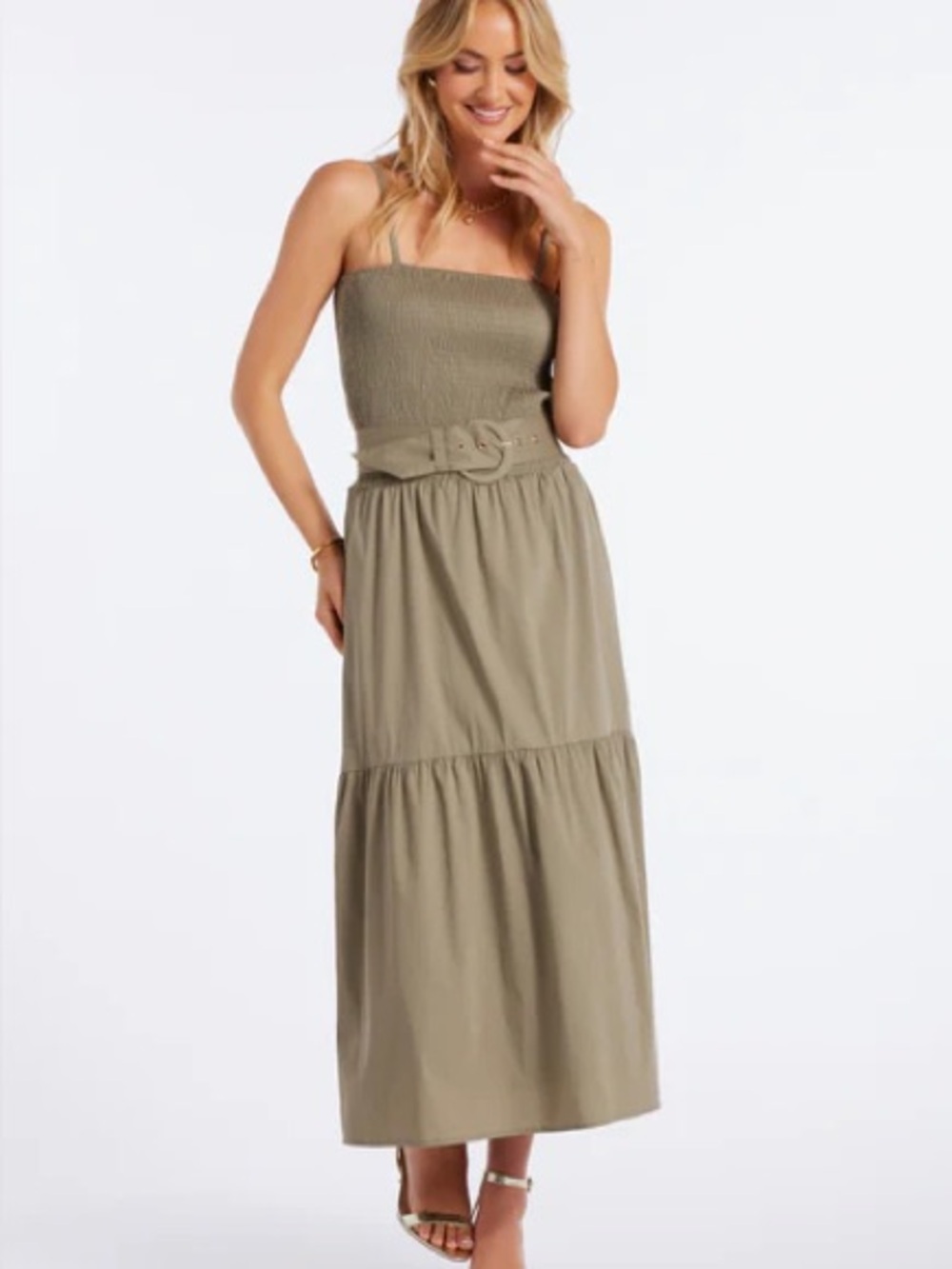 Bishop + Young Olive Green Smocked Midi Dress w/ Belt Size Small